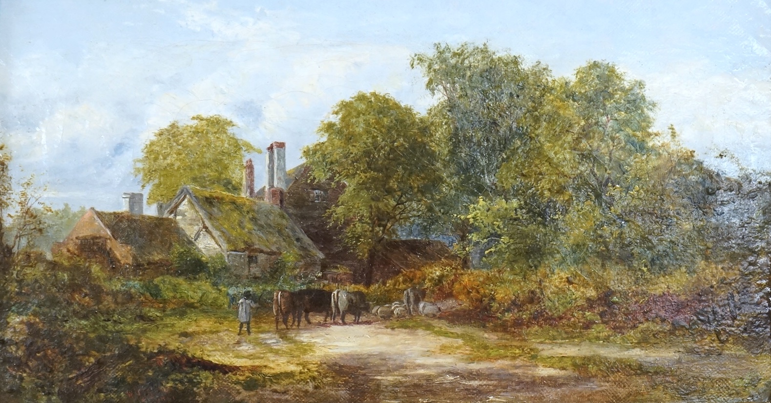 W. Barker, oil on canvas, Village scene with cattle, signed and dated 1865, ornate gilt framed, 15 x 28cm